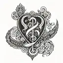 a simple design that incorporates a solid black heart, a feather, an anchor, and a musical note   tattoo design idea