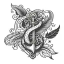 a simple design that incorporates a solid black heart, a feather, an anchor, and a musical note   tattoo design idea
