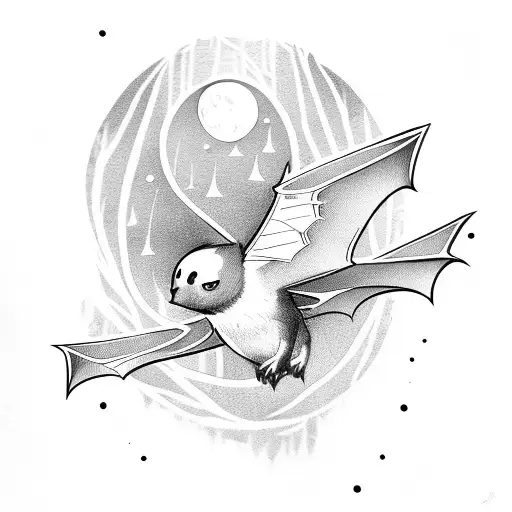 flying Bats, forest, moon  tattoo design idea