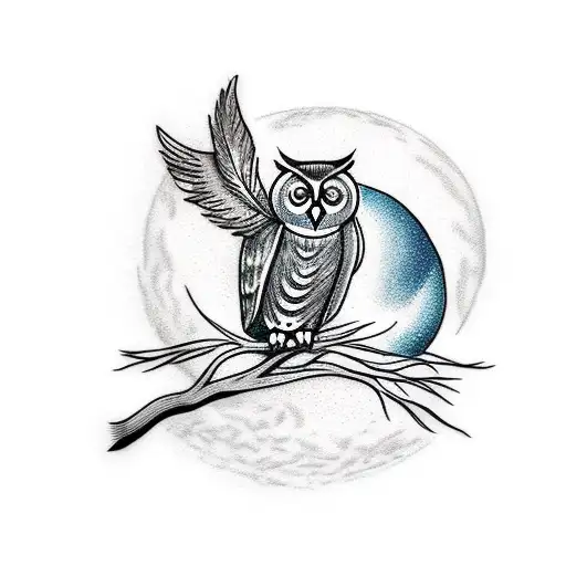 An owl perched on a tree branch with a moon in the background, surrounded by roses tattoo design idea