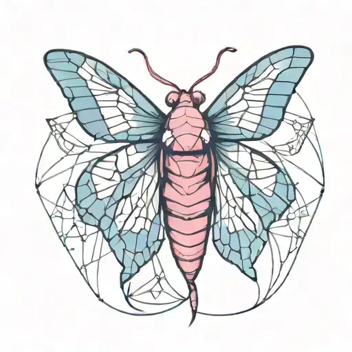 A geometric tattoo of pink, white, and blue moth emerging from its cocoon  tattoo design idea
