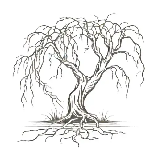 A detailed weeping willow tree, perhaps with roots intertwining with abstract elements representing alcohol tattoo design idea
