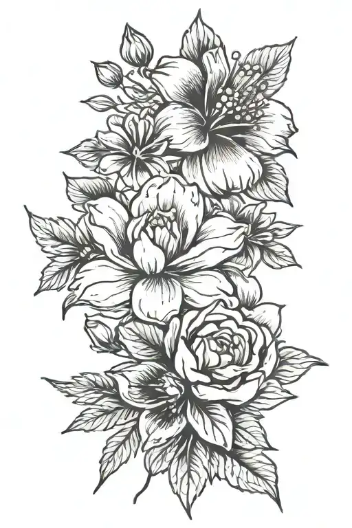flower bouquet tattoo in black ink of a magnolia, rose, hibiscus, violet, and chrysanthemum  tattoo design idea