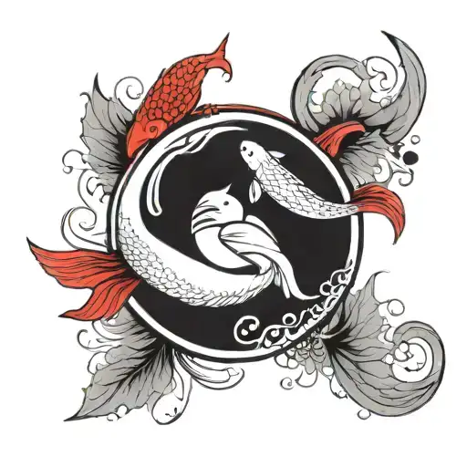 Yingyang symbol on shoulder , with red koi fish around it with shadows around tattoo design idea