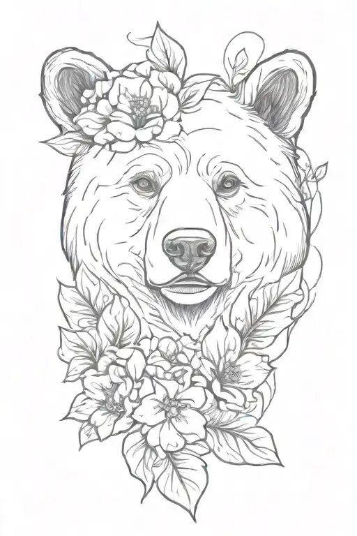 bear face outline with flowers and cubs face only tattoo design idea
