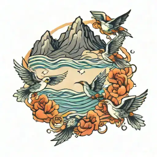 four birds flying out of a stormy sea towards mountains tattoo design idea