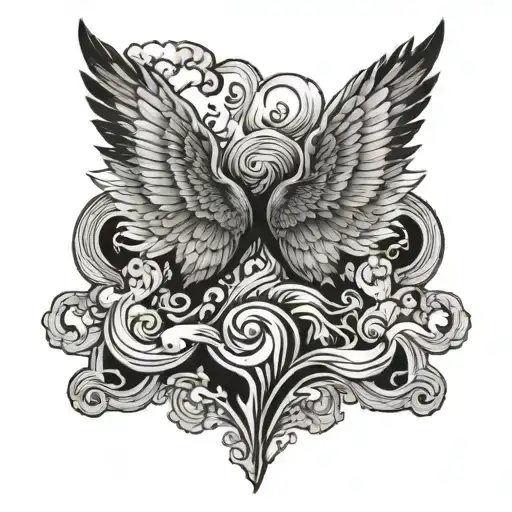 front view of wings rising from stormy sea tattoo design idea