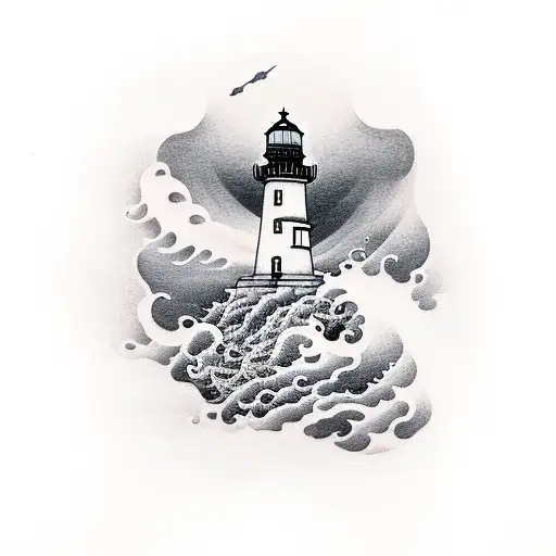 lighthouse with crashing waves and a dragon crawling  tattoo design idea