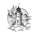 lighthouse with crashing waves and a dragon crawling  tattoo design idea