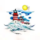 lighthouse with crashing waves and a dragon crawling  tattoo design idea