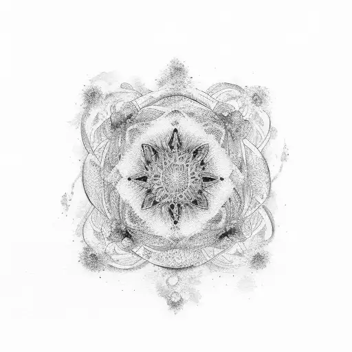 A vibrantly colored watercolor mandala with intertwined botanical elements. tattoo design idea