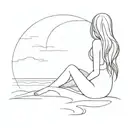 A girl with long, flowing hair is sitting on the sand, gazing peacefully out towards the sea. The entire design is creat tattoo design idea