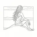 A girl with long, flowing hair is sitting on the sand, gazing peacefully out towards the sea. The entire design is creat tattoo design idea