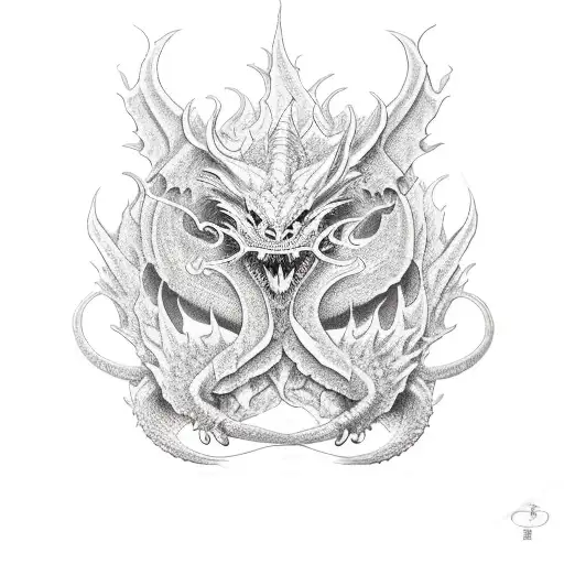 dragon chino en todo el brazo, con detalles de fuego, pétalos de cerezo y sinbolos chinos y el yin tattoo design idea