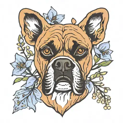 boxer dog face with bluebell flowers intertwined tattoo design idea