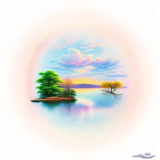 A realistic portrayal of a serene lakeside sunset with vibrant reflections on the water tattoo design idea