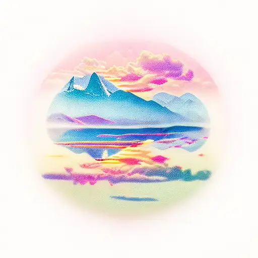 A realistic portrayal of a serene lakeside sunset with vibrant reflections on the water tattoo design idea