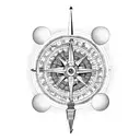 A voodoo child holding a compass and surrounded by basketballs tattoo design idea