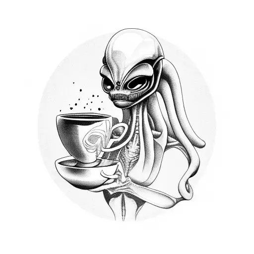 Alien holding a steaming cup of indie alternative coffee tattoo design idea