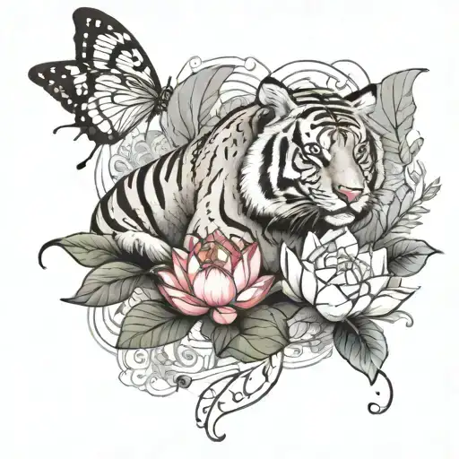 Tiger, Buterfly and Lotus Flower tattoo design idea