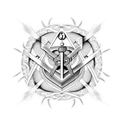 composed of a freemason symbol with snakes where the background is a divine pattern. tattoo design idea