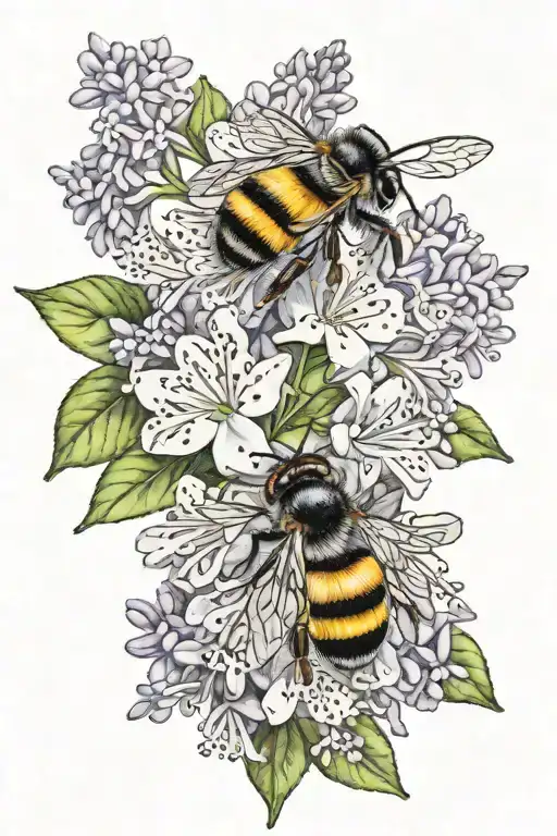 lilac plant and bumble bee sitting tattoo design idea