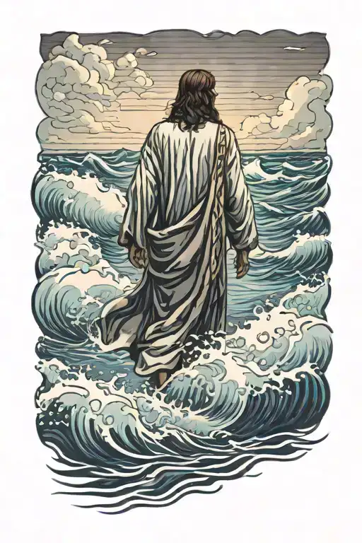 Jesus walking on the waters of the rough sea, he is facing away tattoo design idea