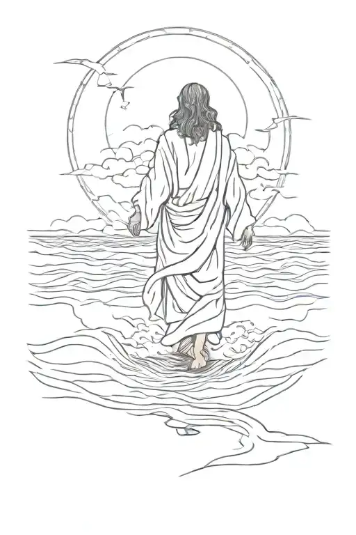 Jesus walking on the waters of the rough sea, he is facing away tattoo design idea