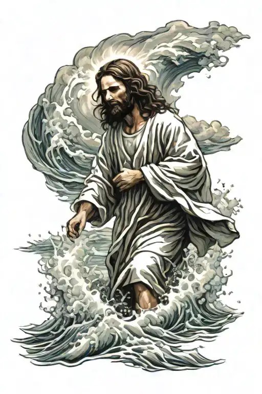 Jesus walking on the waters of the rough sea, he is facing away tattoo design idea