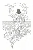 Jesus walking on the waters of the rough sea, he is facing away tattoo design idea
