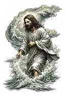 Jesus walking on the waters of the rough sea, he is facing away tattoo design idea