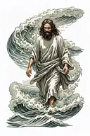 Jesus walking on the waters of the rough sea, he is facing away tattoo design idea