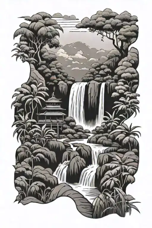 Vietnamese waterfall with rice fields and fishermen tattoo design idea