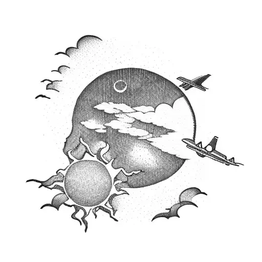 Airplane flying towards a setting sun tattoo design idea
