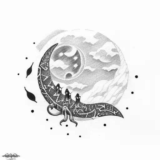 crescent moon with cute goblin peaking from behind tattoo design idea
