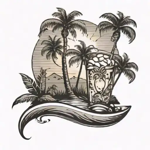 A Margaritaville themed beach scene with palm trees and a sunset tattoo design idea
