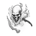 A hauntingly beautiful wizard with a scythe in a blackwork style tattoo design idea