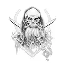 A hauntingly beautiful wizard with a scythe in a blackwork style tattoo design idea
