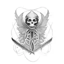 A hauntingly beautiful wizard with a scythe in a blackwork style tattoo design idea