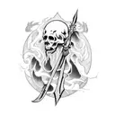 A hauntingly beautiful wizard with a scythe in a blackwork style tattoo design idea