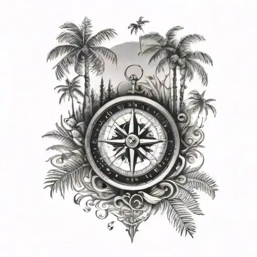 compass, daughter and son walking in woods, palm trees,  sniw tattoo design idea