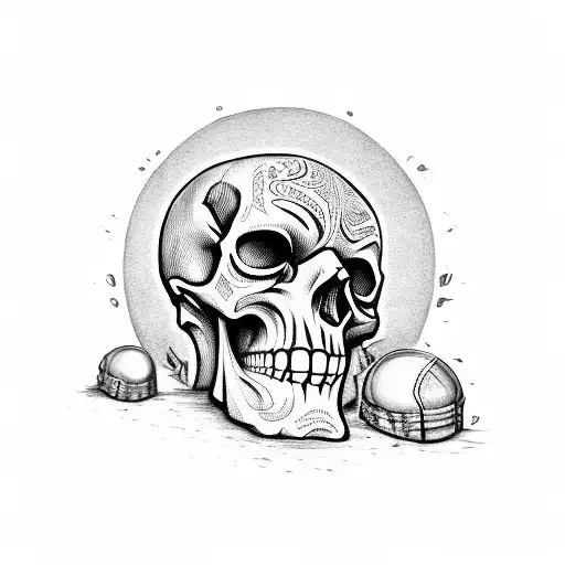 A evil looking skull with blood shot eyes. An American football face mask is rivoted on the face of the skull. Busting o tattoo design idea