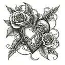 A heart with barbed wire wrapped around it, surrounded by a wreath of roses in a black-grey style tattoo design idea