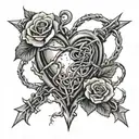 A heart with barbed wire wrapped around it, surrounded by a wreath of roses in a black-grey style tattoo design idea
