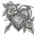A heart with barbed wire wrapped around it, surrounded by a wreath of roses in a black-grey style tattoo design idea