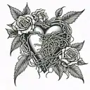 A heart with barbed wire wrapped around it, surrounded by a wreath of roses in a black-grey style tattoo design idea