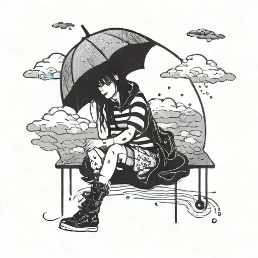 emo girl with Umberella with clouds and rain cloud tattoo design idea