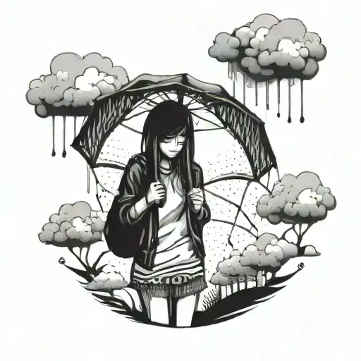 emo girl with Umberella with clouds and rain cloud Broken Home background tattoo design idea