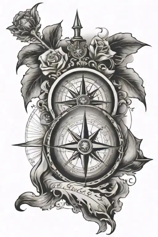 map, ship, compass rose tattoo design idea