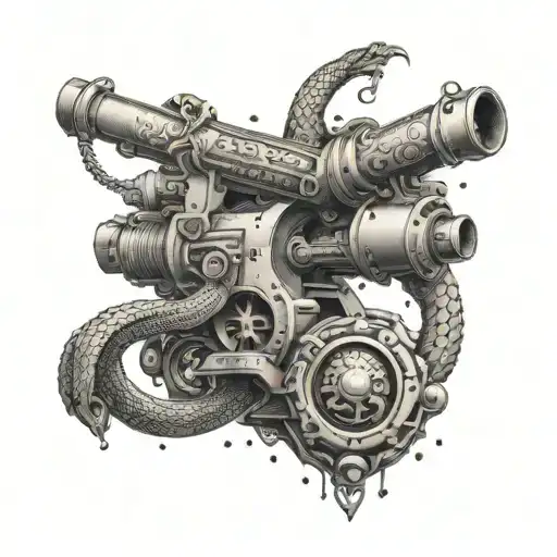 A futuristic cannon surrounded by snakes tattoo design idea